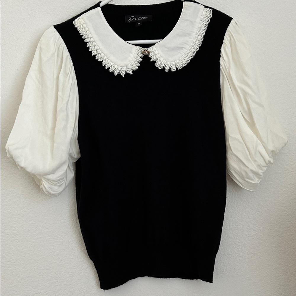 Black & White Peter Pan Collar Puff Sleeve Top - Picture 3 of 5